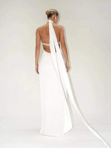 Elegant Solid Ribbon Women Halter Dress Off Shoulder Pearl Chain Backless Slim Female Maxi Dresses Wedding Gowns Chic Lady Robe