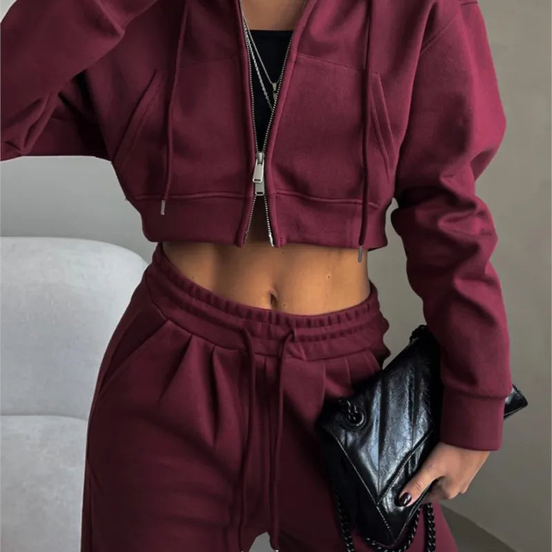 Casual Women's Suit Long-sleeved Zipper Hooded Sweatshirt Solid Color Lace-up Pants Two-piece Set Simple Style Commuting Trendy