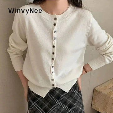 WinvyNee Women‘s Clothing Wool O Neck Long Sleeve Buttons Sweaters Pullovers Outerwears Y2k Autumn Winter Knitted Tops A1683004