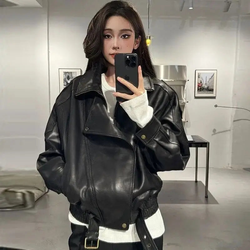 Women's Oversize Lamb Skin Leather Jacket Loose Motorcycle Style Early Autumn Outerwear Simple Design High End New Hot Sale