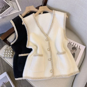 Spring Autumn New Female V-Neck Knitted Mink Velvet Vest Women Pearl Button Sleeveless Jacket Female Knitwear Waistcoat T1030
