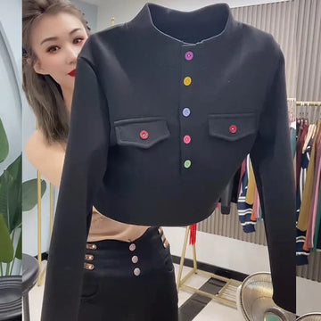 Spring Autumn Stand-Uup Collar Design Thick Velvet Sweatshirt Women Fashion Long Sleeves Casual Button Top Sportswear Tide T1303