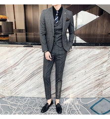 High Quality British Korean Modified Plaid Men (suit + Vest + Trousers) Stylish and Handsome Business Casual Three-piece Suit