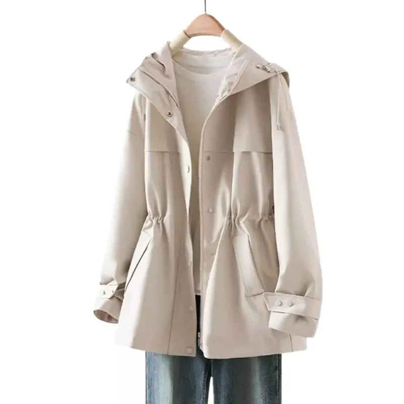 Spring Autumn New Fashion Hooded Trench Coat Women 2025 New Korean Casual Solid Color Windbreaker Female Waist Outerwear T1075