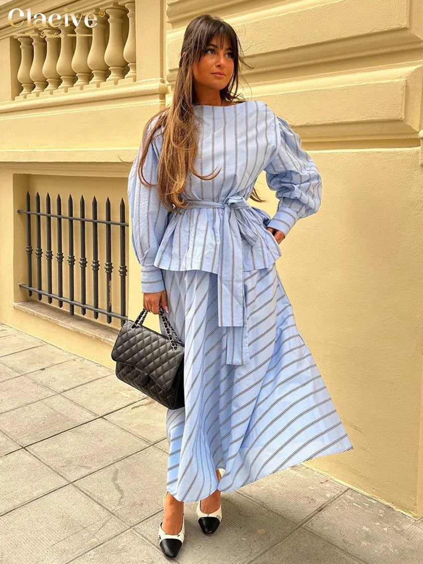 Clacive Fashion Loose Stripe Print 2 Piece Sets Women Outfit Elegant Long Sleeve Shirt With High Waist Ankle Length Skirt Set