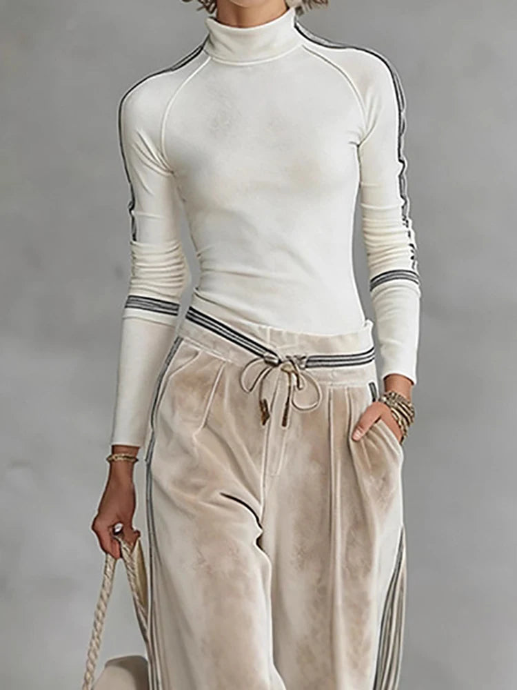 New Women's Half High Collar Long Sleeve Pullover Top And Wide Leg Pants Set Autumn Winter Patchwork Simple Outfit Two-Piece Set