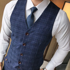 ( Vest + Pants ) 2Pce Set Mens Fashion Plaid Slim Casual Business Suit Vest Pants Groom Wedding Dress Formal Waist Coat Trousers