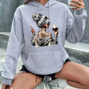 Autumn Winter Gothic Women Hoodie Streetwear Wine Drink Art Print Oversized Sweatshirt Clothing Vintage 2000s Fashion Pullovers