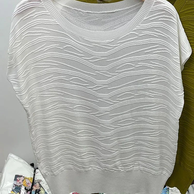 Women Clothing Vintage Texture Ice Shreds Short Sleeve Tshirt Summer Casual Loose O-neck Knit Top Tee Office Lady Solid Pullover