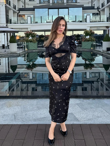 Lace Print Patchwork Long Dress Women's Chic V-neck Bubble Sleeve Satin Maxi Dresses 2025 Lady Party Evening Gatherings Vestidos