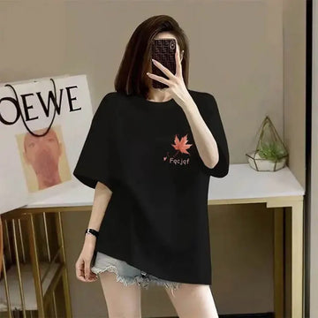 Women Clothing Fashion All-match Maple Leaves Print T-shirt Summer Elegant Loose Pure Cotton Top Tee Lady Short Sleeve Pullovers