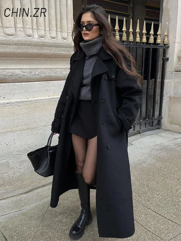 Elegant Women's Long Woolen Coats Loose Lapel Double Breasted Pocket Female Overcoats 2025 Autumn Winter Lady Warm Outwear