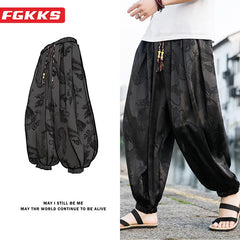 FGKKS 2023 Outdoor Brand Pants For Men Lce Silk Dragon Dark Flower Loose Bloomers High Quality Wide Leg Casual Pants Male