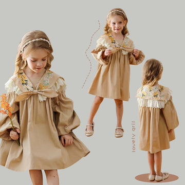 YBFSKID Spring Kids Girl Princess Dress Retro Lace Floral Embroidery Children Girl Dress Cotton Bubble Sleeve Little Girls Dress