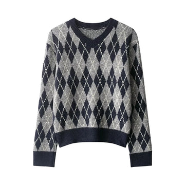 Women's Fashion Argyle knitted Sweater Autumn Winter V-Neck Long Sleeves Pullover Vintage Female Chic Tops