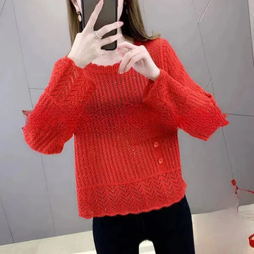 Spring Autumn Round Neck Hook Flower Hollow Button Solid Color Long Sleeve Sweater Knitted Elegant Casual Loose Women's Tops