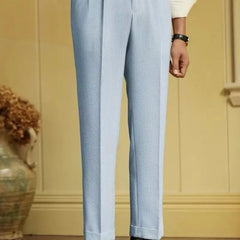 Italian Style Naples Suit Pants Men Blue Stripes Seersucker High Waist Paris Buckle Trouser Fashion England Business Casual Pant