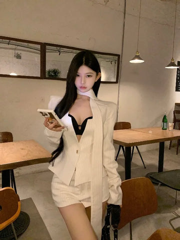 Korean Sweet Hot Suit Women's Spring Stripe Long-sleeved Coat High Waist A-line Shorts Two-piece Set Fashion Female Clothes