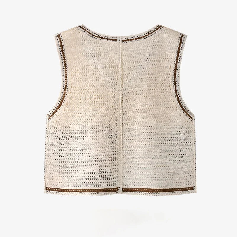 Granny Square Crochet Vest Woman Sheer Open-knit Button Front Sleeveless Waistcoat Top Summer Boho Vacation Beach Outfit