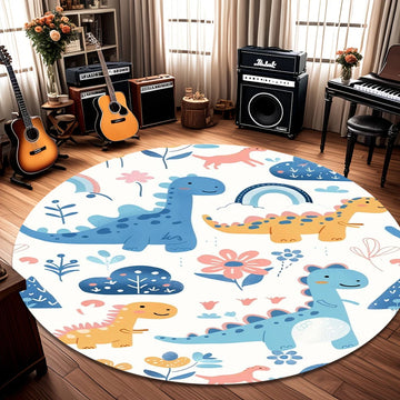 Cute Playful Round Cartoon Dinosaur Theme Kids Decor Rug for Kids' Playroom Nursery Living Room Home Decor Soft Non Slip Durable