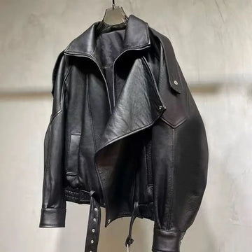 Women's Oversize Lamb Skin Leather Jacket Loose Motorcycle Style Early Autumn Outerwear Simple Design High End New Hot Sale