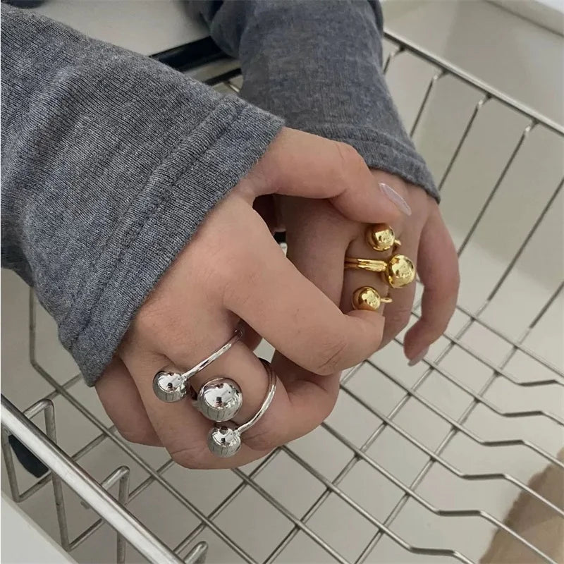 Punk Stainless Steel  Personality Irregular Three-layer Ball-Shape Rings for Women Fashion Simple Adjustable Rings GIft