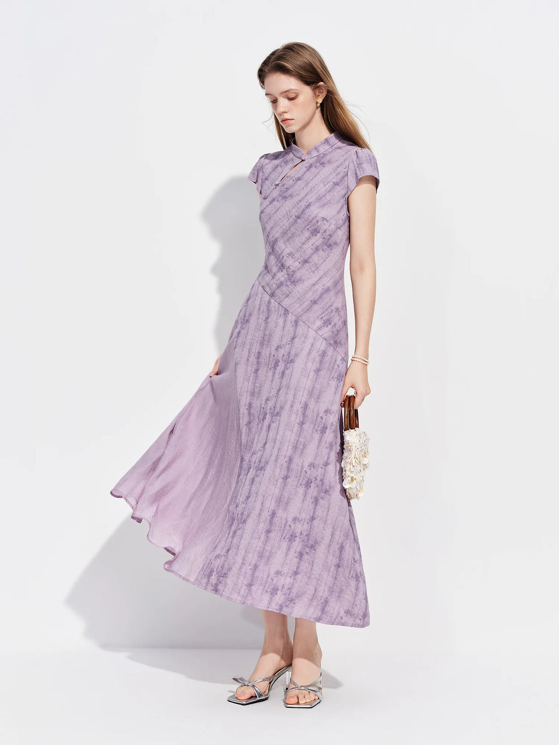 FSLE 2026 Spring Women's New Chinese Style Watercolor Print Dress Cap Sleeve - Flowy A-Line Knee-Length Dress for Casual