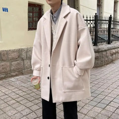 Medium-length Casual Woolen Overcoat Solid Color Fashionable Suit Collar Trendy Men's Winter Single-breasted Blazer