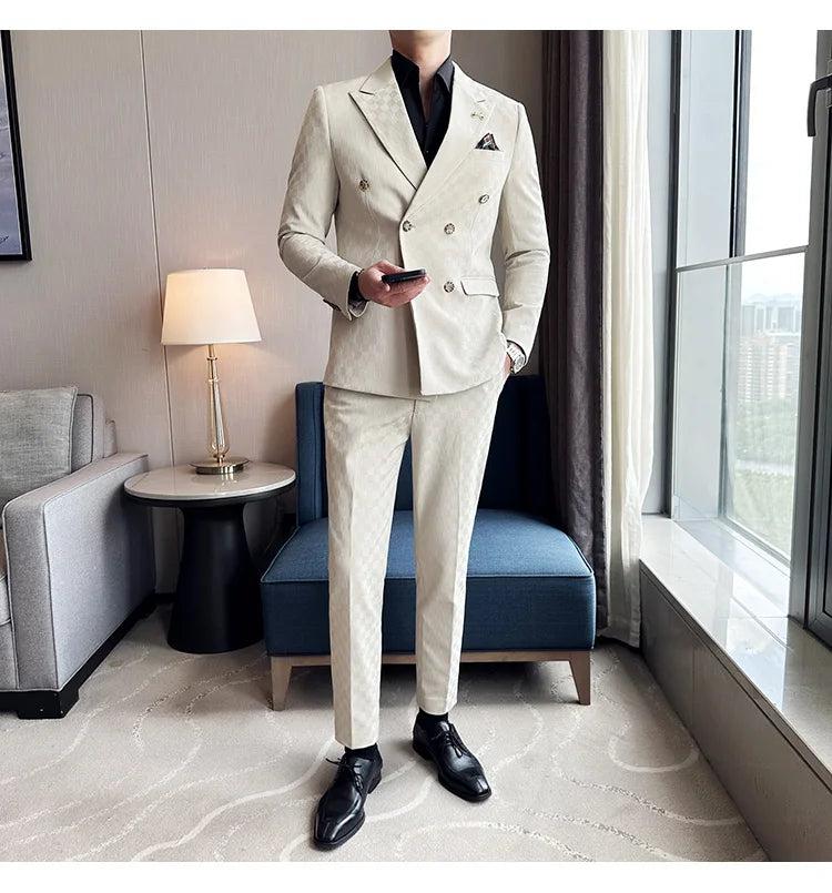 (Jacket+Pants) 2 Pieces Blue Apricot Business Party Men Suits Double Breasted Formal Style Custom Made Wedding Groom Tuxedos