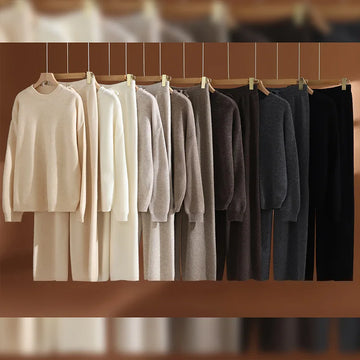 New Women Wool O-neck Pullover Wide Leg Pants Set 100% Wool Sweater Autumn Winter Casual Dropping Sleeve Knit Loose Top Trousers