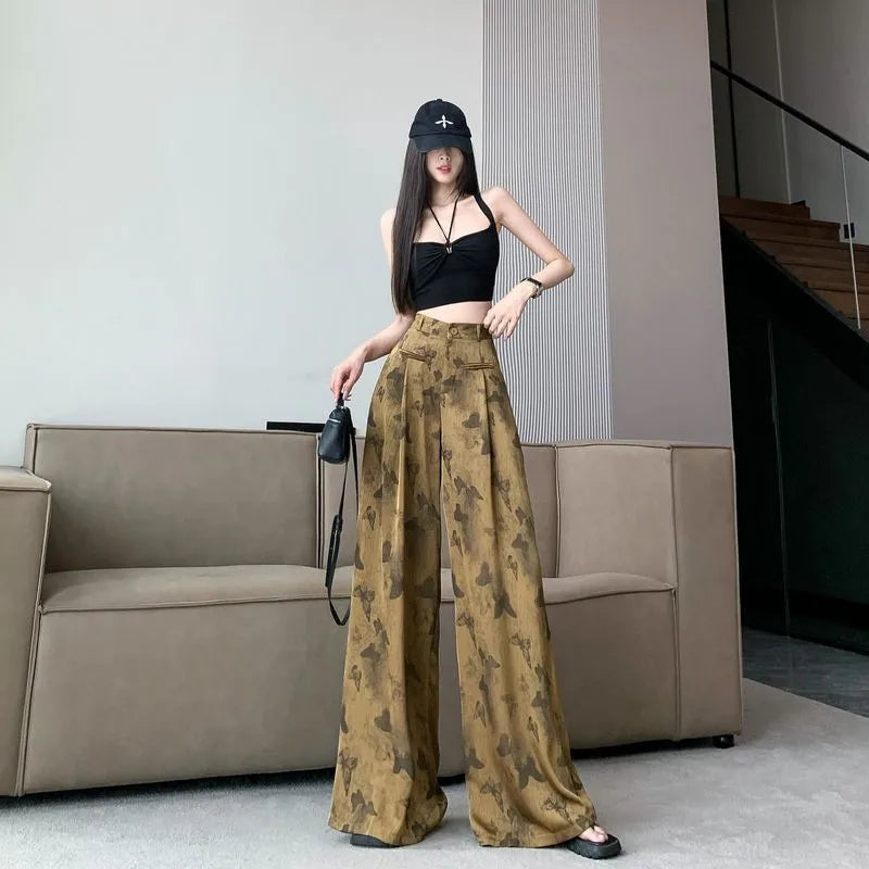 2025 New Vintage Jacquard Satin Wide-Leg Pants Women Spring Summer Fashion Trousers Ladies Loose High Waist Pants Female T949