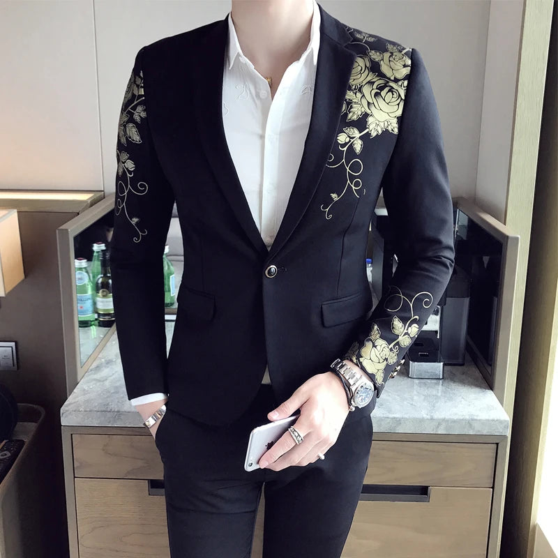 2024 New Luxury Gold Print Blazer Slim Fit Men Blazer Stage Cloth Social Party Wedding Dress Male Black Suit Jacket