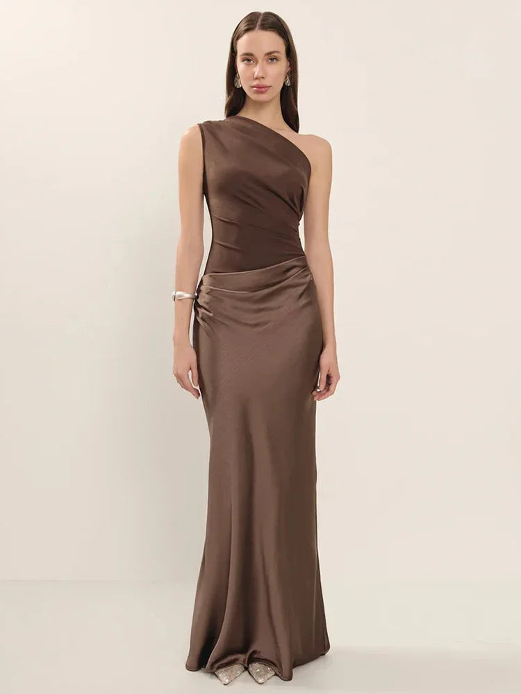 XIAOTANG Satin Inclined Shoulder Sexy Maxi Dress Women Fashion Patchwork Sleeveless Backless Bodycon Evening Club Party Dress