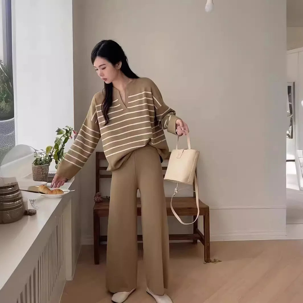 Women Two Piece Set Striped Knit Tops V Neck Full Sleeve Loose Casual Pullover Wide Leg Pants High Waist Elegant Autumn Winter