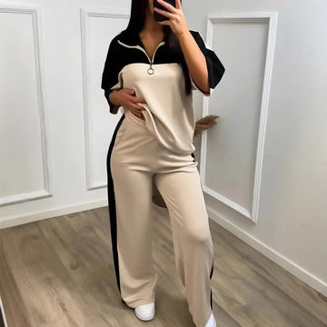 Flip collar color blocked casual suit for women, half zipper five quarter sleeve top, polo shirt, wide leg pants, two-piece set