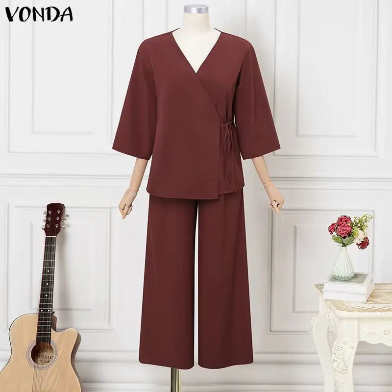 VONDA Women Fashion Pant Sets Lace-up Bandage V-Neck 3/4 Sleeve Shirts and Wide Leg Pants Streetwear Office 2PCS Casual Outfits