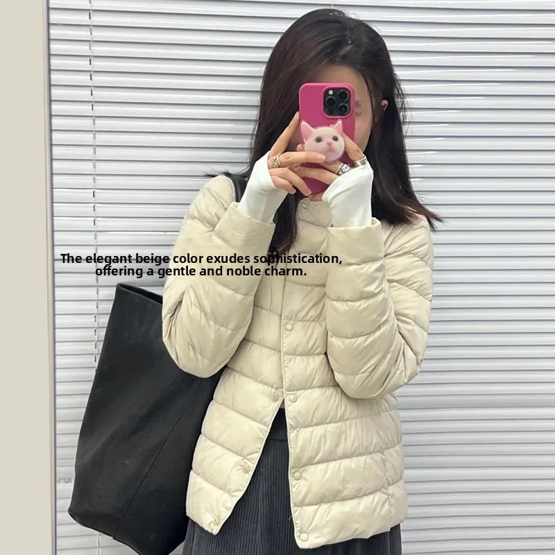 New Lightweight Cotton Jacket Women's Short Style Inner Lining Warmth-Fitting Autumn Winter Fashionable Button Detail