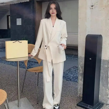 Fashion Irregular Lace up Sets for Women 2 Pieces Temperament High Waist Loose Pants Jacket Sets New Elegant Korean Suits
