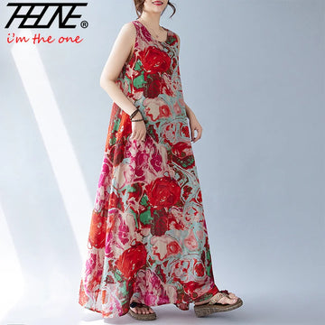 THHONE Summer Print Loose Women Robe Cotton Dress Sleeveless Casual Beach Style Long Ladies Womens Dresses Vestidos Para Mujer