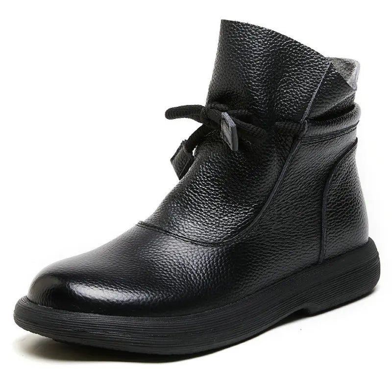 Winter Genuine Leather Women Ankle Boots Female Thick Plush Warm Snow Boots Mother Waterproof Non-slip Booties Casual Flat Shoes