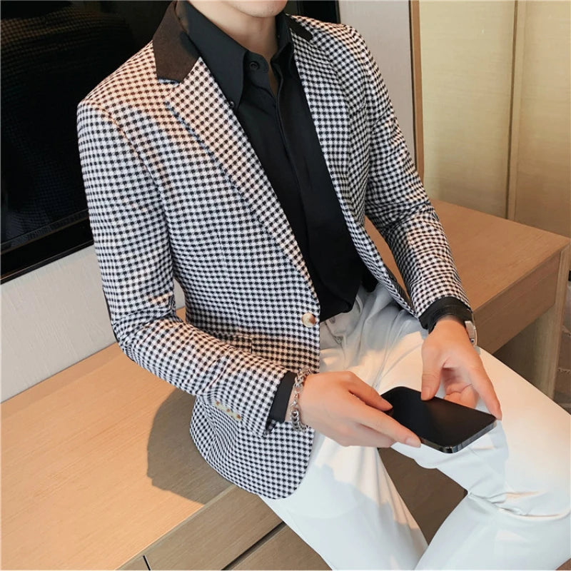 Suit Men's British Style Slim Elegant Fashion Business Casual Dress Tuxedo Spliced Collar Plover Case Blazer Jacket