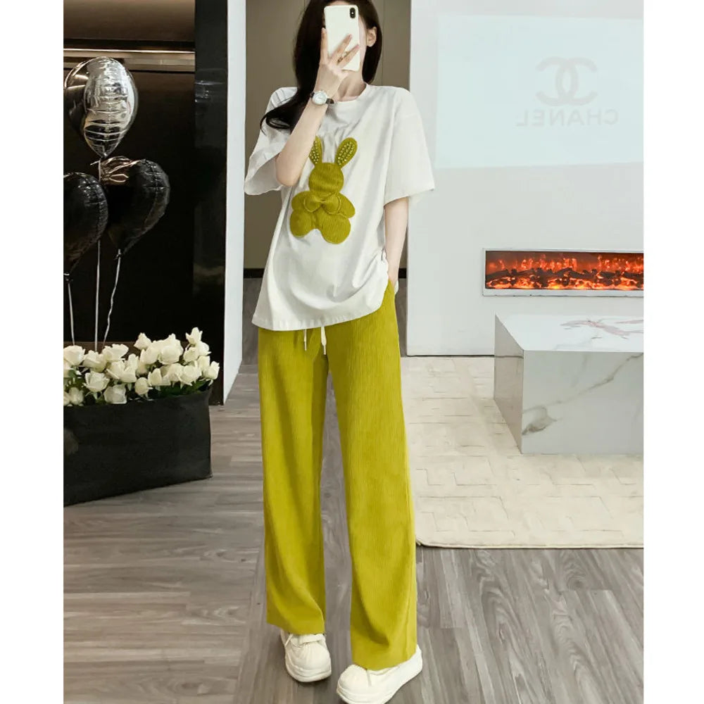 Women's Casual Sports Suit Summer New Loose And Fashion Short Sleeved Tops Wide Leg Pants Two Piece Set For Women Spring Autumn
