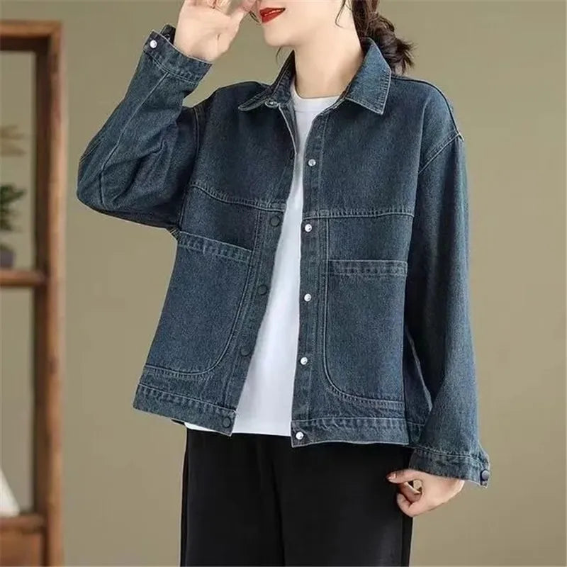 Casual Short Denim Jacket Women 2025 New Spring Autumn Vintage Long Sleeve Big pocket Jeans Coat Female Loose Outerwear T1426