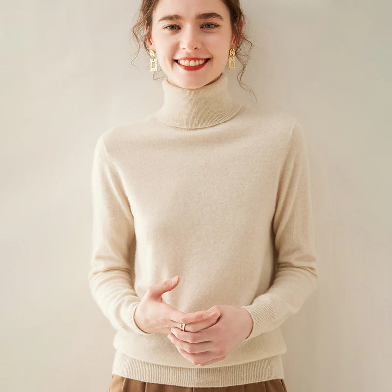 Cashmere Sweater Women's Turtleneck Long Sleeved Knitted Pullover 100% Pure Cashmere Base Sweater Korean Version Women's Top