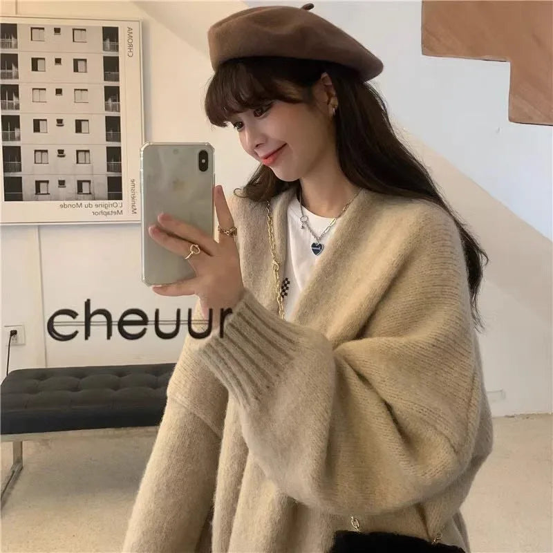 Women's Clothing Fashion All-match Solid Knit Cardigan Autumn Winter New Elegant Loose Long Sleeve Coat Lady Casual Sweaters