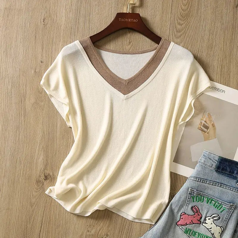 Women Clothing Fashion Patchwork V-neck Knit T-shirt Summer Casual Loose All-match Short Sleeve Pullover Office Lady Thin Tops