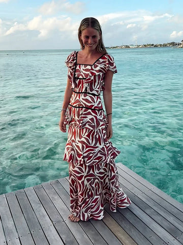 Printed Cascading Ruffles Women Long Dress Square Neck Short Sleeve Lady Dresses 2026 Fashion High Waist A Line Female Robe