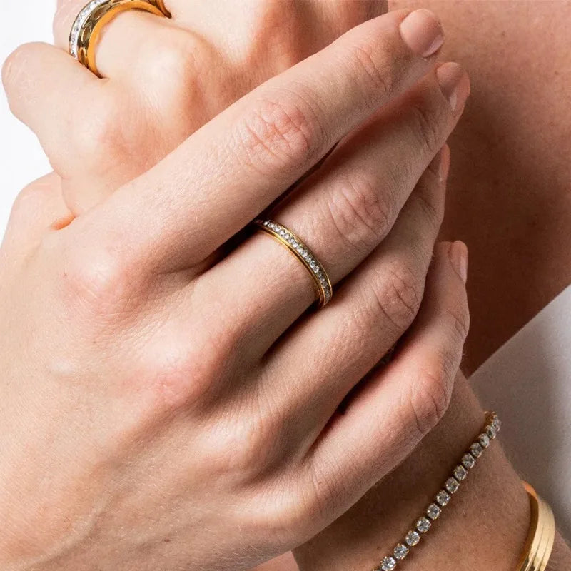 CARLIDANA Rotating Finger Spinner Ring Spinning Fidget Anti Anxiety  Gold Plated Zircon Titanium Steel Women Wedding Ring