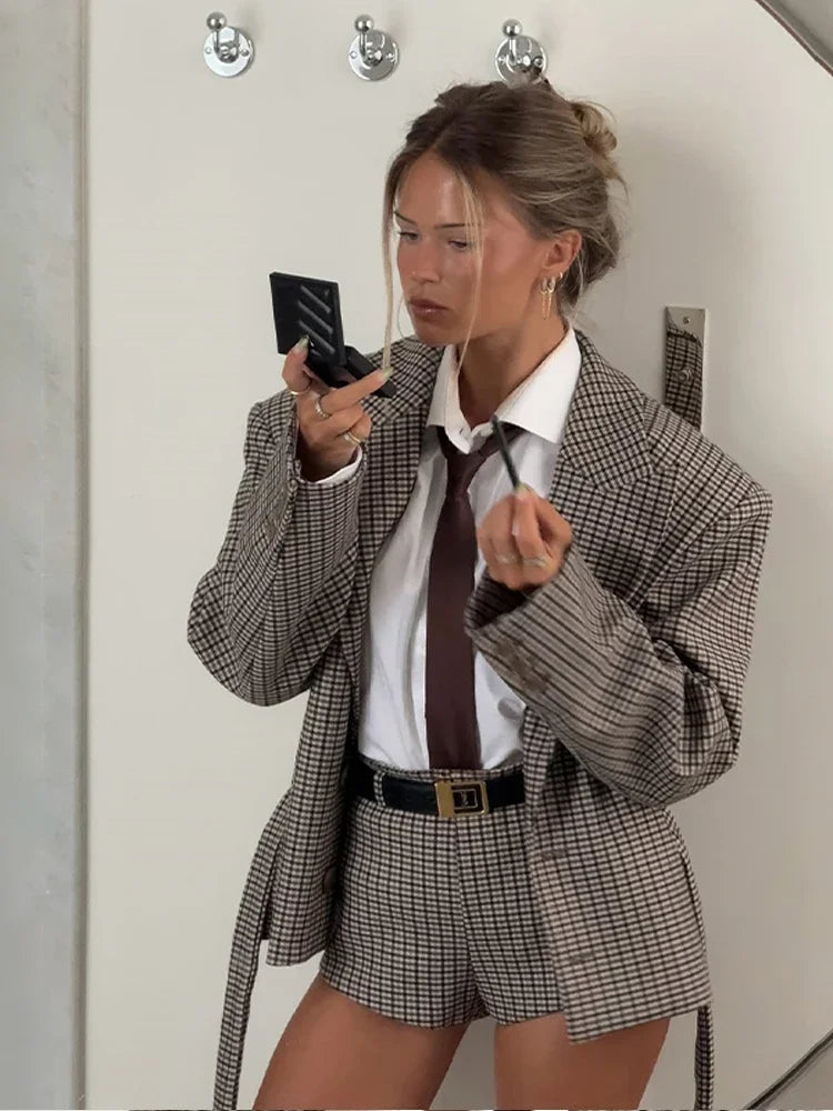 Women Checked Lapel Jacket Shorts Set Retro Long Sleeve Belted Buttons Pockets Blazer Suit 2026 Lady New Commute Street Outfits