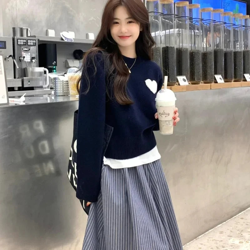 Heart Printed Pullovers for Women Knitted Lazy Style Korean Fashion Ins Slouchy All-match Daily Autumn Sweaters Classic Popular